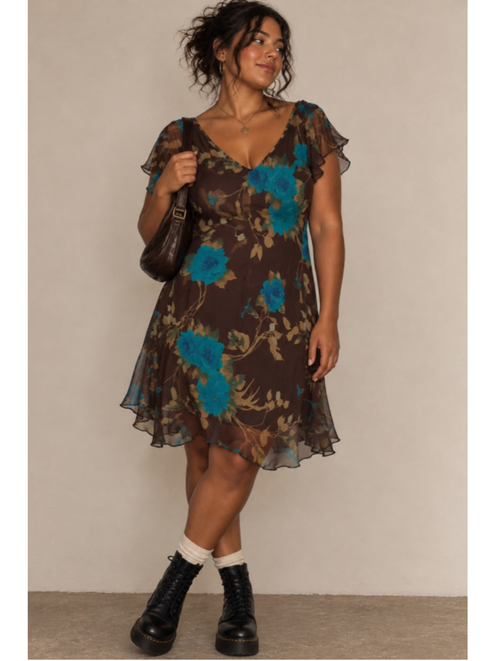 Vintage 90s SCARLETT Brown Turquoise Floral Mesh Flutter Sleeve Midi Dress 16